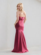 Vestido de dama de honor rojo satinado trompeta/mermaid sin hombros sin mangas largo hasta el suelo