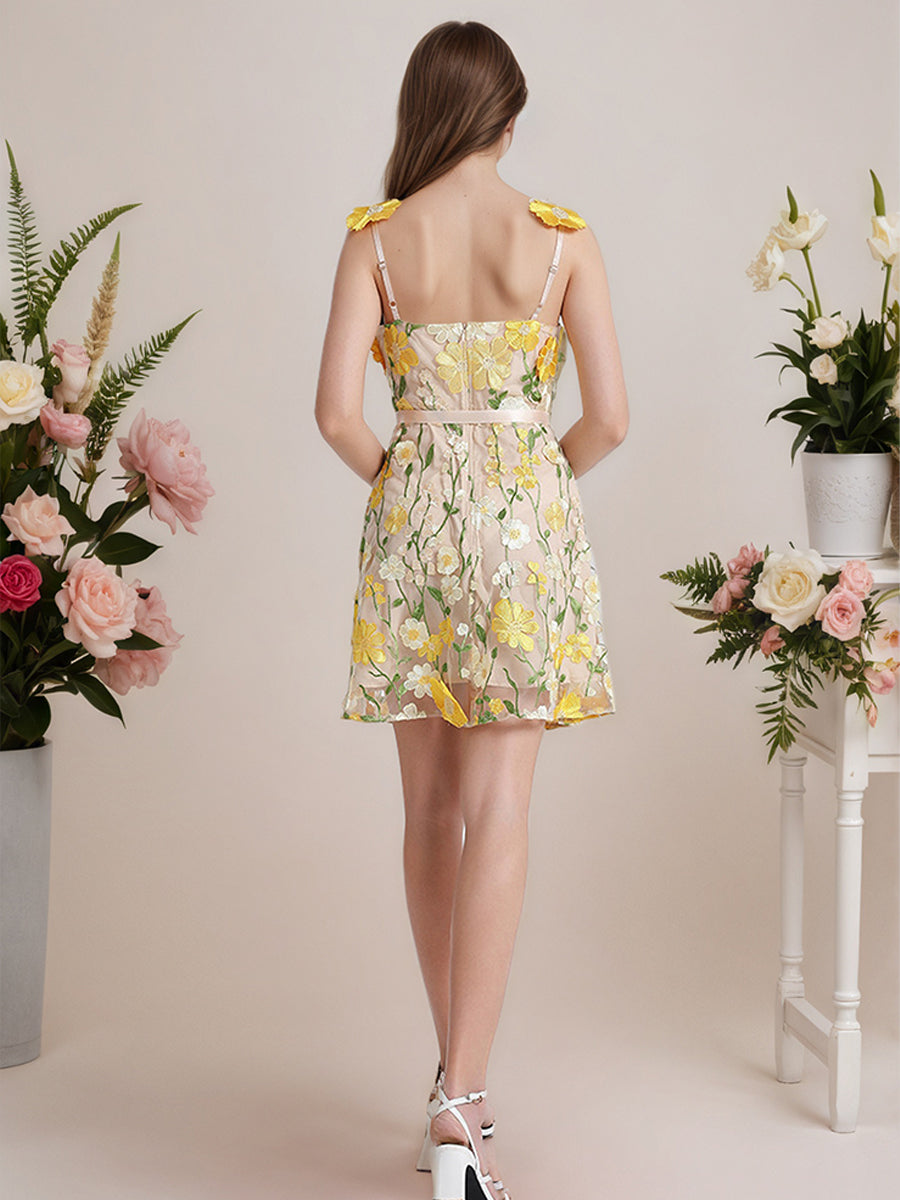 3D Floral Embroidery Tulle V-Neck Lace Mesh Homecoming Mini Dress