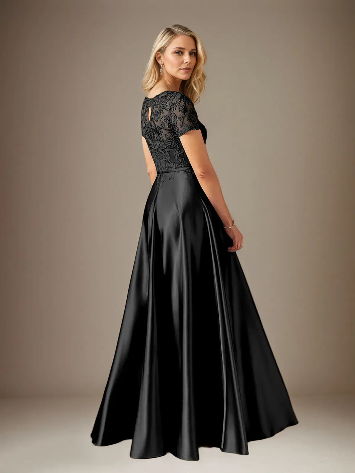 A Line Satin Scoop Neck Short Sleeves Floor Length Dress With Appliques