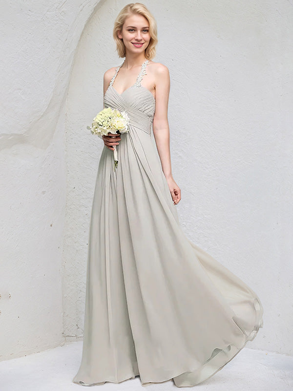 Abito da damigella a linea ad A con scollo a cuore, chiffon e pizzo lungo fino a terra con volant