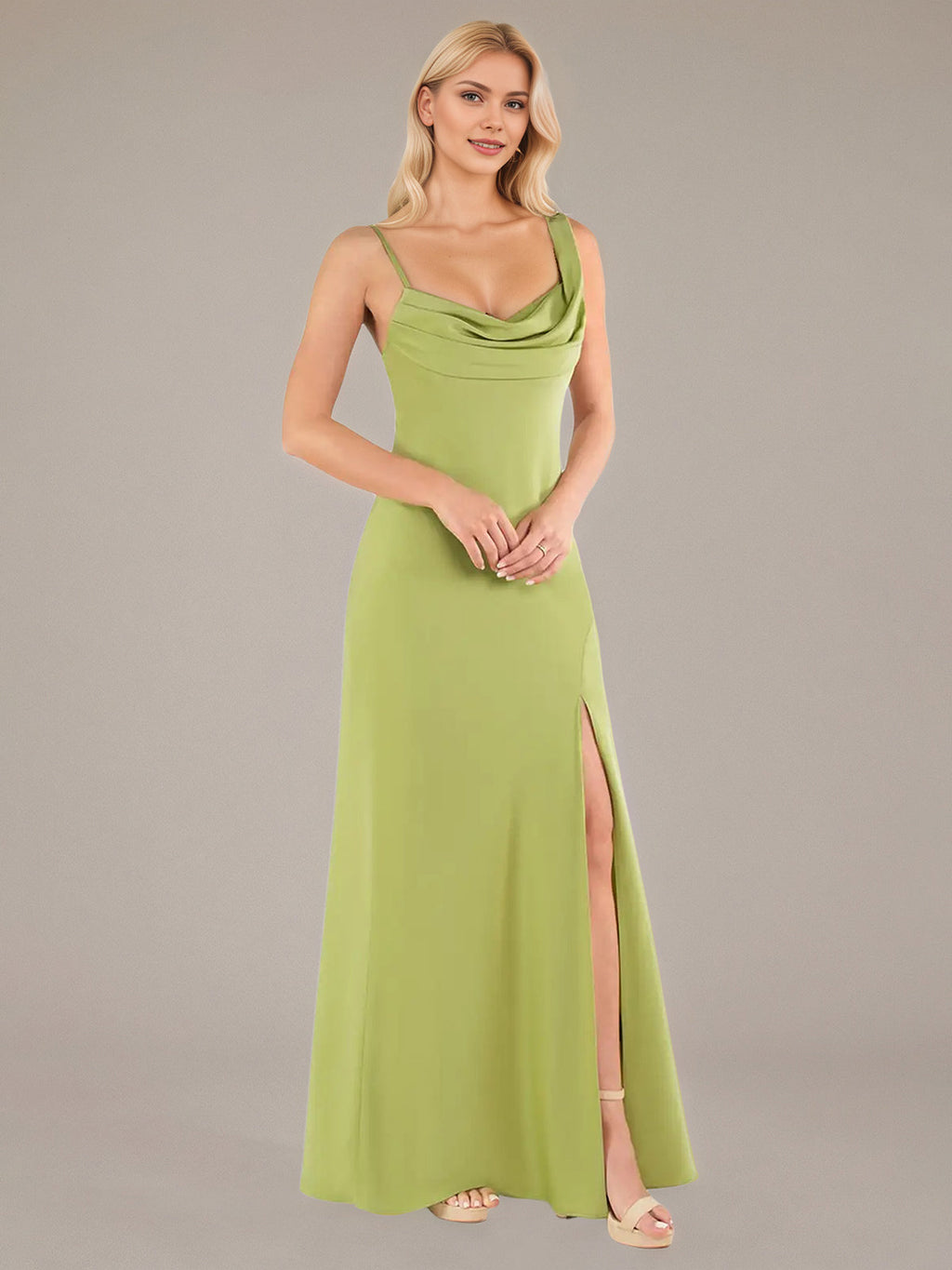 Vestidos longos tubinho/coluna verdes, assimétricos, sem mangas, de cetim
