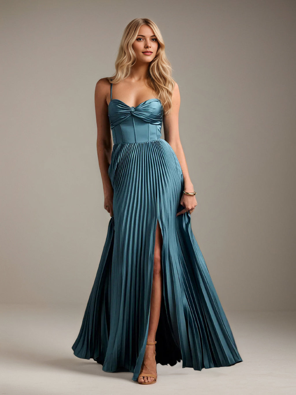 Französisch Blaues A-Linien Satin Brautjungfernkleid mit Spaghetti-Trägern und Bodenlänge