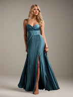 Französisch Blaues A-Linien Satin Brautjungfernkleid mit Spaghetti-Trägern und Bodenlänge