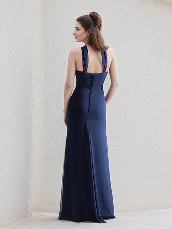 Vestido de dama de honor azul marino sin mangas, de crepé elástico en línea A con nudo en el escote y largo hasta el suelo