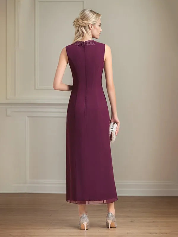 Etui/Column Chiffon V-Ausschnitt 3/4 Ärmel Tea-Length Kleid für die Mutter der Braut