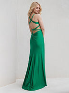 Green Satin Spaghetti Straps Sleeveless Floor Length Bridesmaid Dress With Appliques