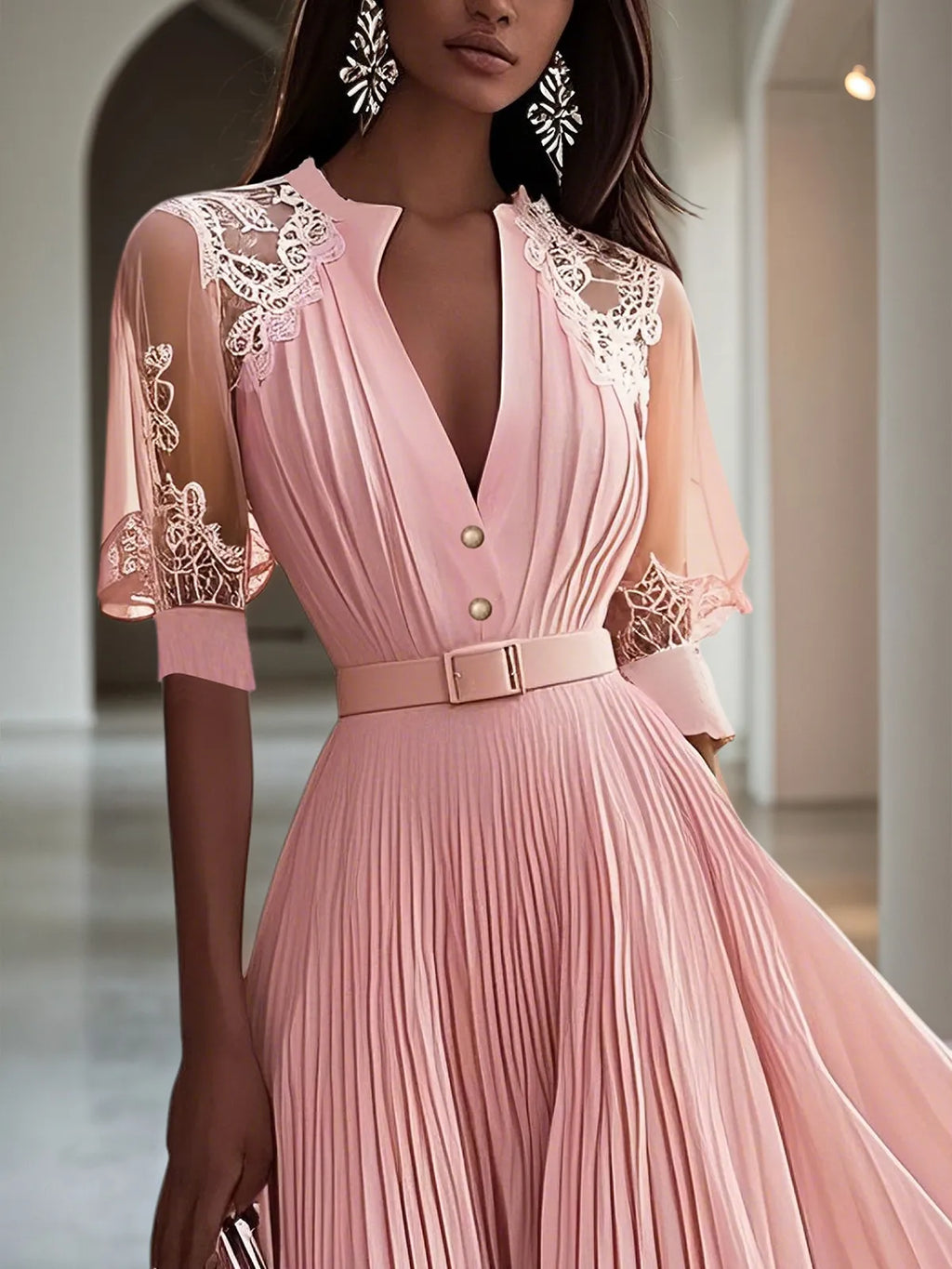 Vestido midi rosa en línea A de gasa plisada con encaje y escote en V