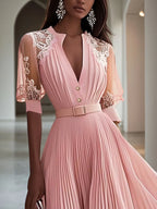 Vestido midi rosa en línea A de gasa plisada con encaje y escote en V