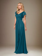 A Line Chiffon V Neck Short Sleeves Floor Length Mother of the Bride Dresses With Ruffles