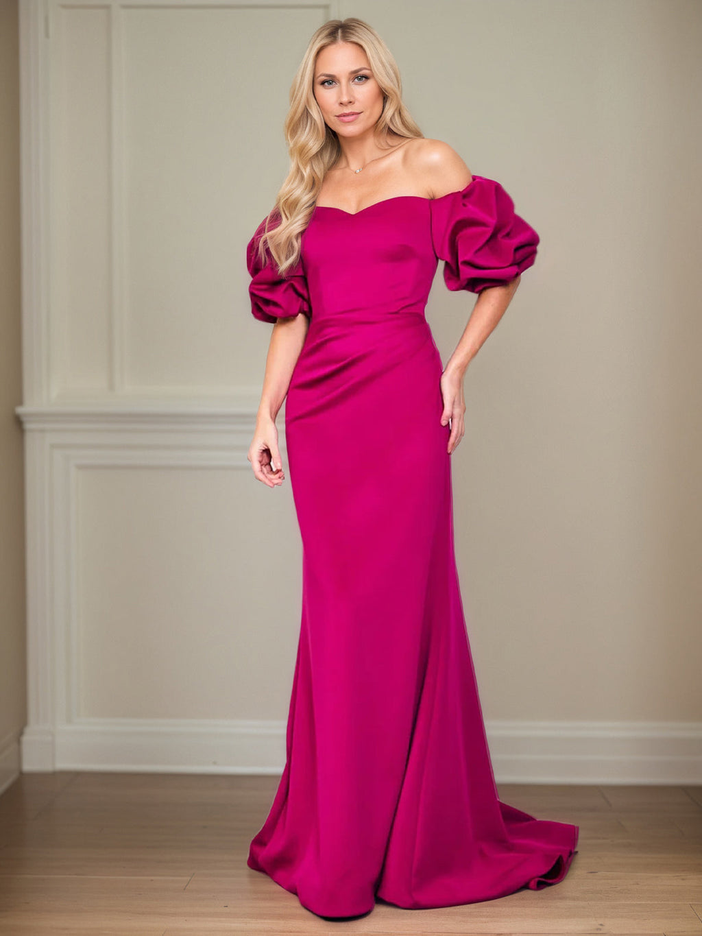 Satin Etuikleid/Säulenkleid mit schulterfreiem Puffärmel, bodenlang, Mutter der Braut Kleid
