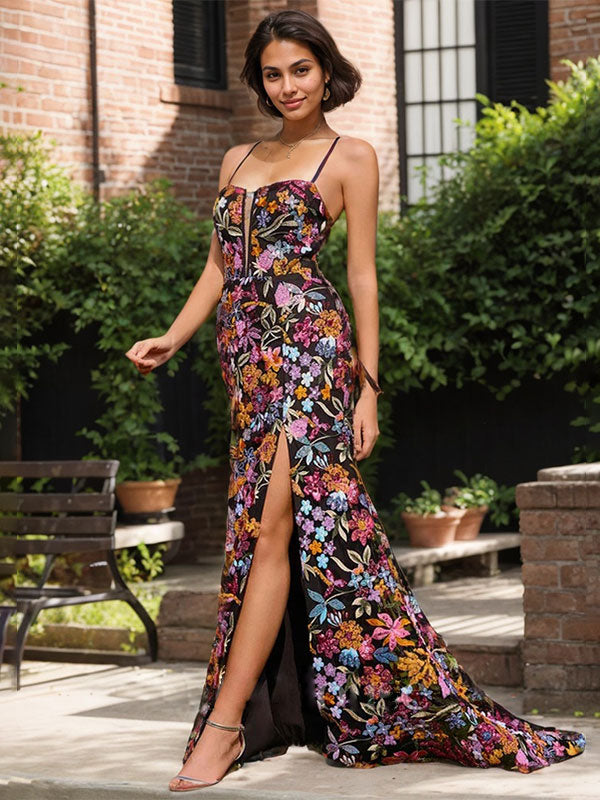 Schwarzes, florales Meerjungfrauen-Korsett-Langes Ballkleid mit V-Ausschnitt, Pailletten und Schlitz