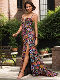 Schwarzes, florales Meerjungfrauen-Korsett-Langes Ballkleid mit V-Ausschnitt, Pailletten und Schlitz