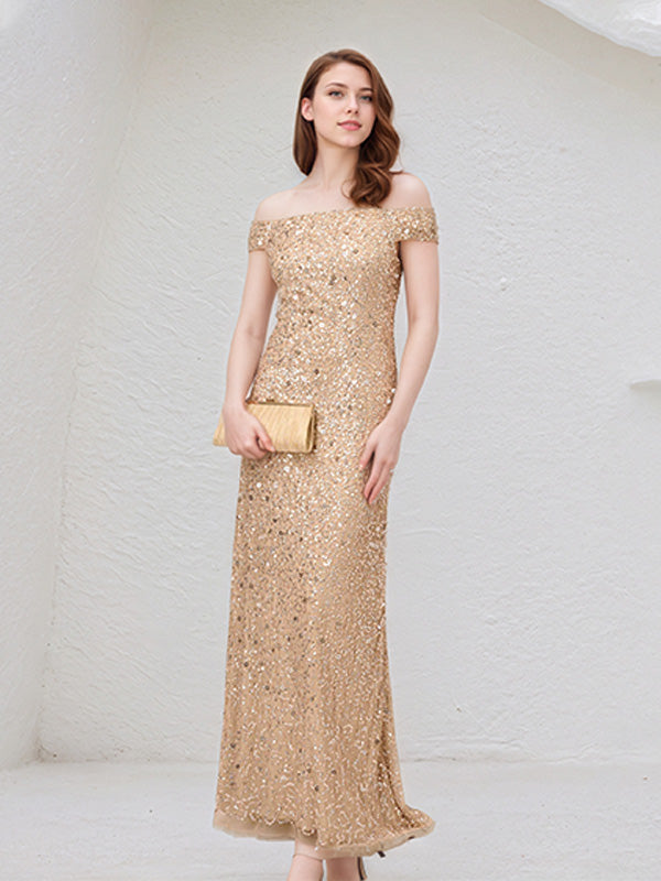 Champagne Chiffon Off the Shoulder Sleeveless Floor Length Dress With Sequins