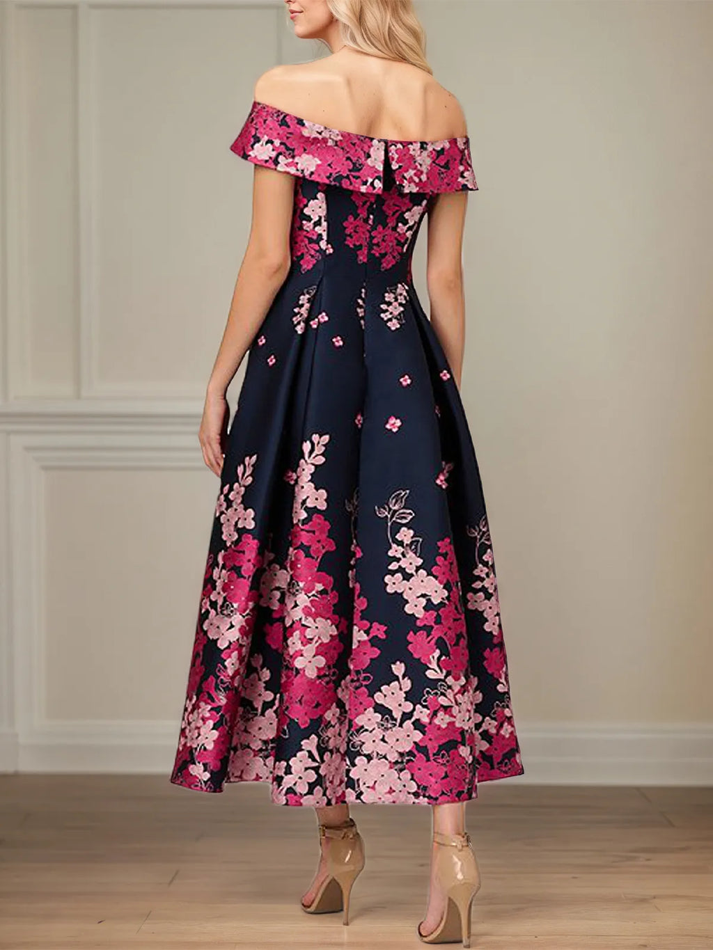 A-Linien schulterfreies knöchellanges Satin-Kleid mit floralem Muster, Mutter der Braut