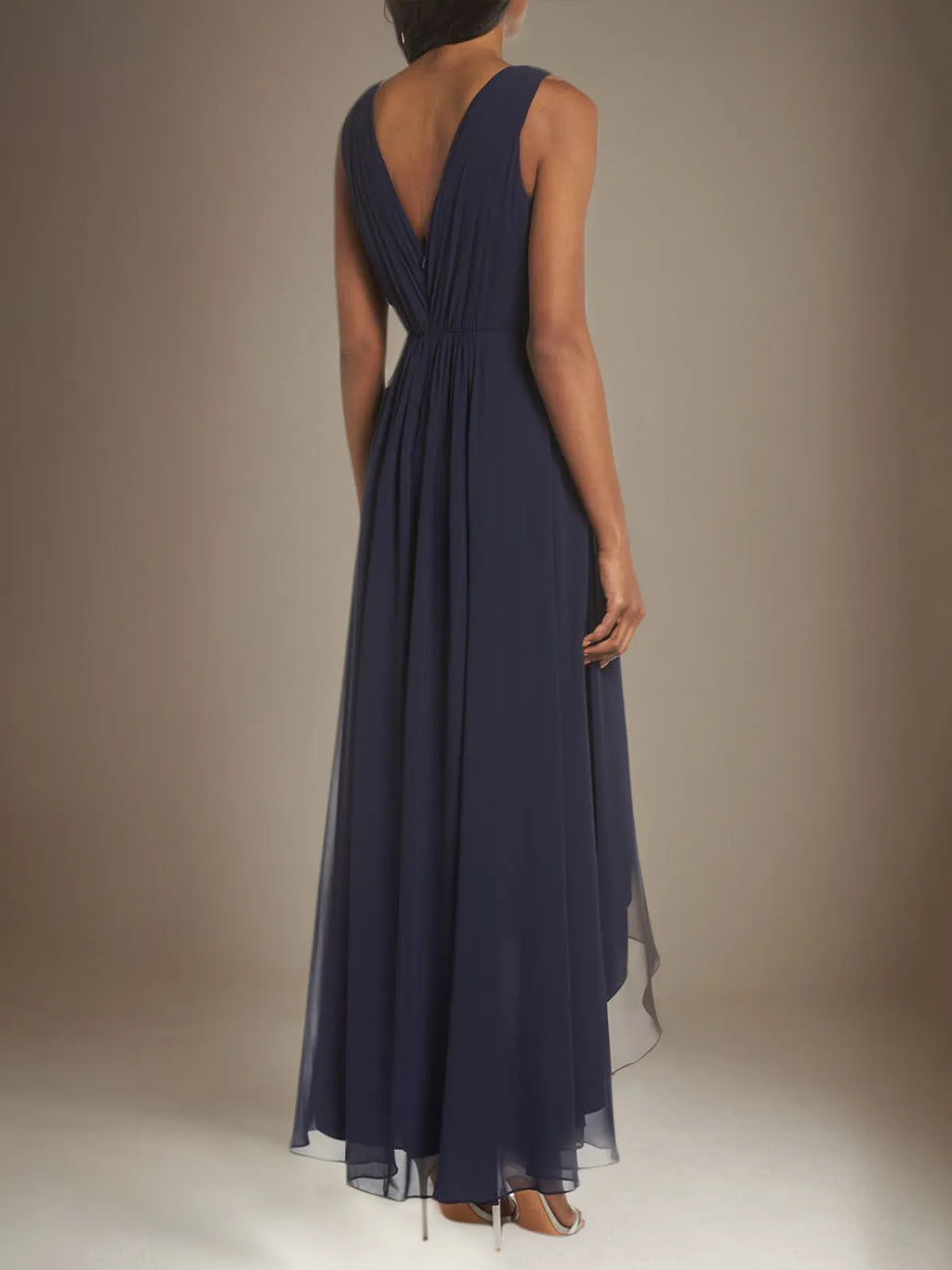 A Line Chiffon V Neck Sleeveless Asymmetrical Dress With Rhinestones