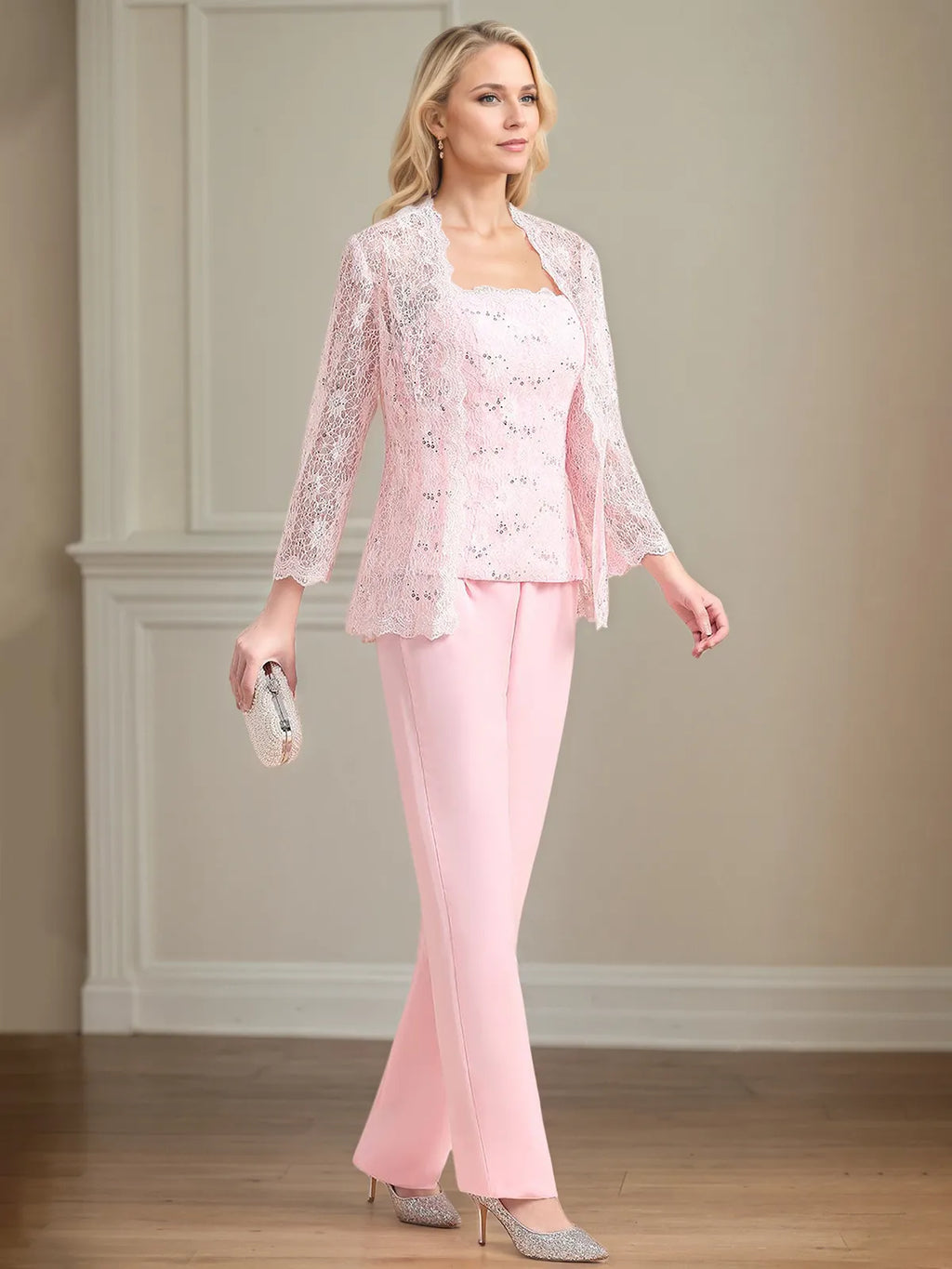 Costume pantalon mère de la mariée en chiffon sans manches épaules dénudées longueur au sol avec appliques
