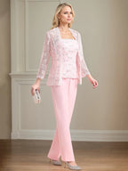 Costume pantalon mère de la mariée en chiffon sans manches épaules dénudées longueur au sol avec appliques