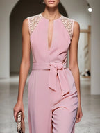 Damen rosa Spitzen V-Ausschnitt ärmelloser eleganter Jumpsuit