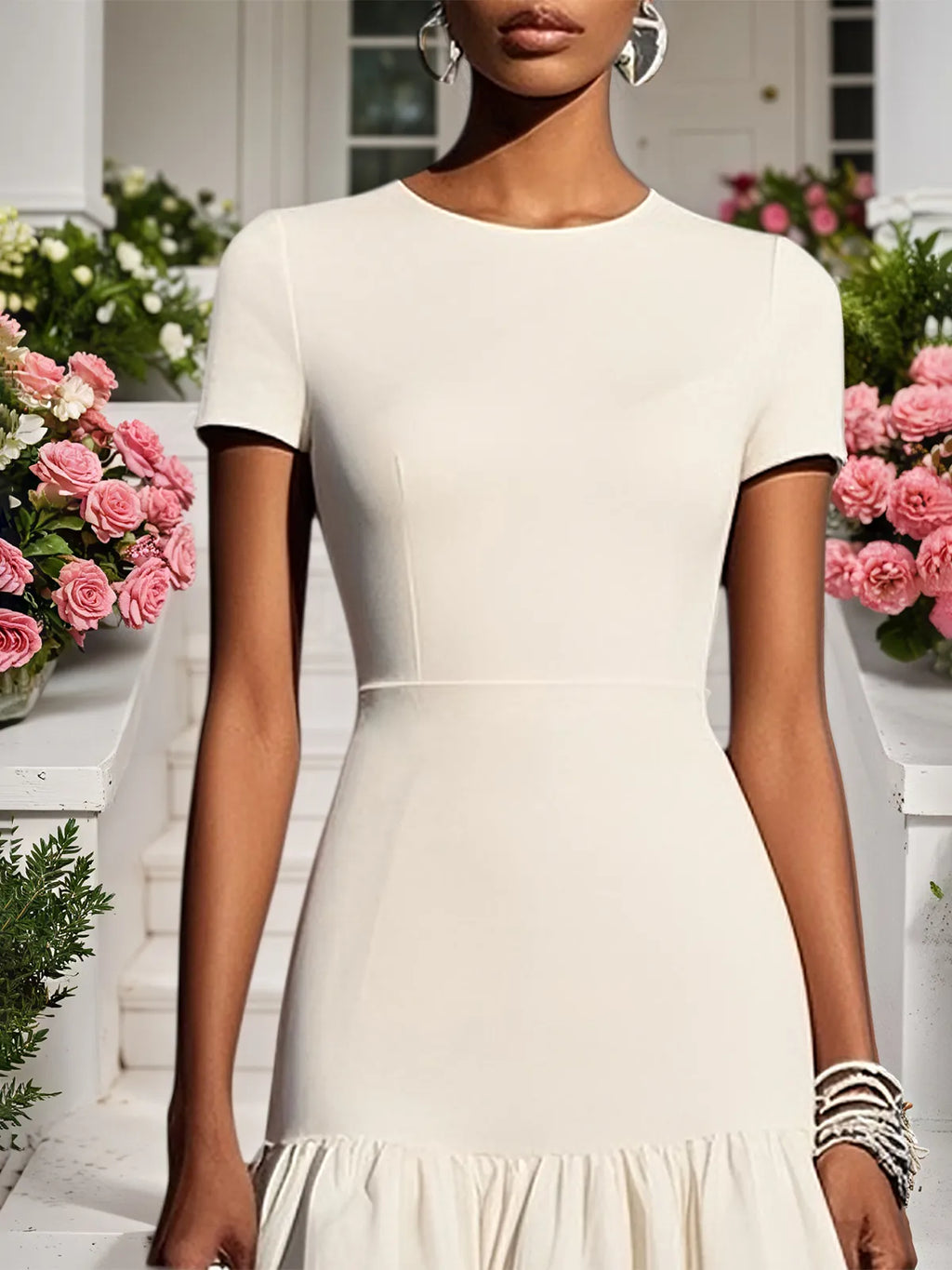Vestido midi blanco de punto con cuello redondo y mangas cortas estilo sirena