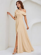 Champagne Chiffon A Line One Shoulder Sleeveless Floor Length Bridesmaid Dress
