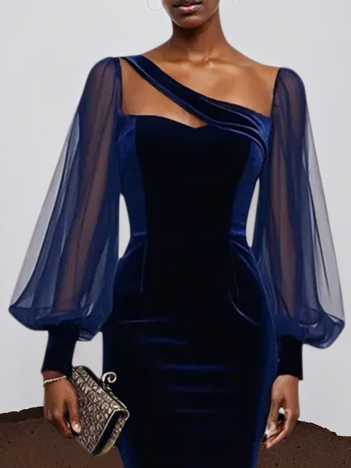 Vestido midi de terciopelo azul violáceo con manga globo de malla
