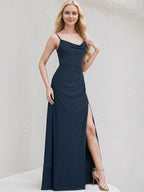 Dark Navy Chiffon A Line Spaghetti Straps Sleeveless Floor Length Bridesmaid Dress
