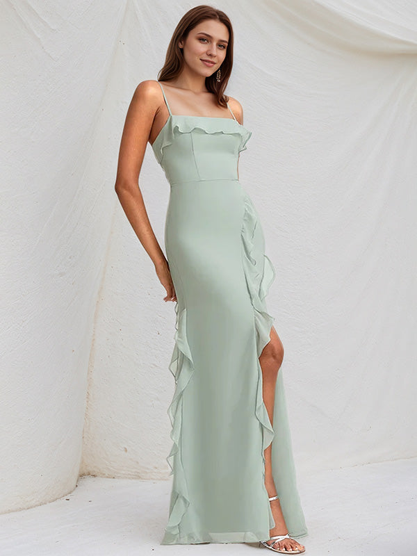 Agavenfarbenes Chiffon A-Linien Spaghettiträger ärmelloses bodenlanges Brautjungfernkleid mit Rüsche