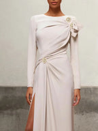 Apricot Ruched Long Sleeve Slit Shift Maxi Dress