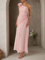 Robe fourreau rose en mousseline 3D florale à une épaule sans manches