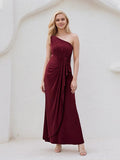 A Line Burgundy Satin One Shoulder Sleeveless Ankle Length Dress