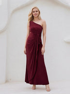A Line Burgundy Satin One Shoulder Sleeveless Ankle Length Dress