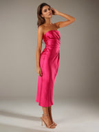 Hot Pink Satin Sheath/Column Off The Shoulder Tea Length Bridesmaid Dresses