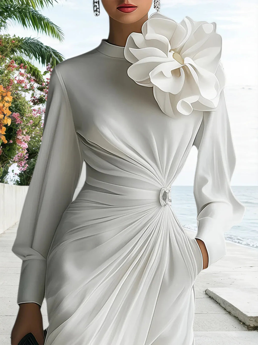 Elegantes langärmeliges plissiertes Chiffonkleid mit floraler Verzierung