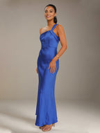 Cobalt Blue Satin Sheath/Column One shoulder Ankle Length Bridesmaid Dresses