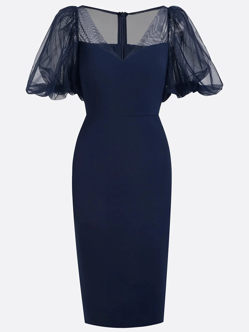 Vestido midi tipo sheath azul purpúreo con escote en V y mangas abullonadas