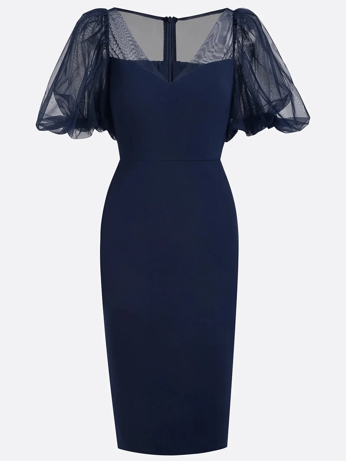Vestido midi tipo sheath azul purpúreo con escote en V y mangas abullonadas