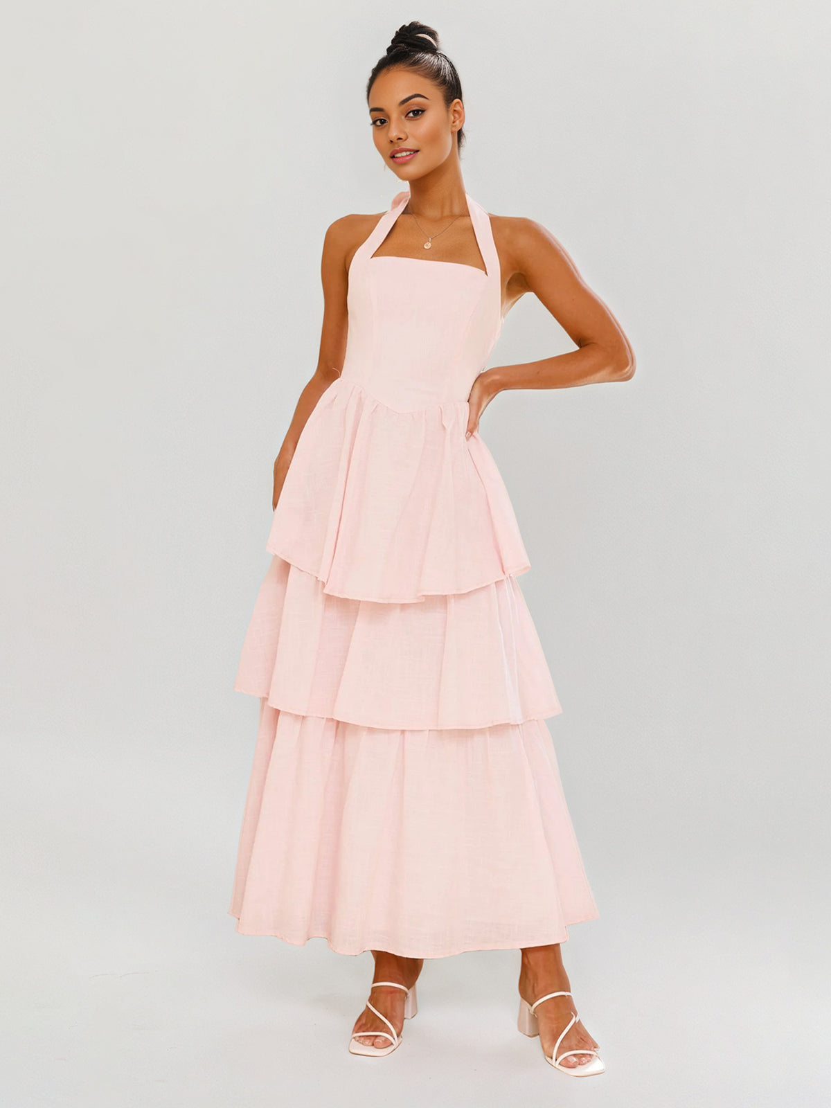 Pink Chiffon A Line Halter Neck Sleeveless Ankle Length Bridesmaid Dresses