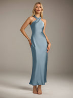 Powder Blue Satin Sheath/Column Halter Neck Sleeveless Ankle Length Bridesmaid Dress