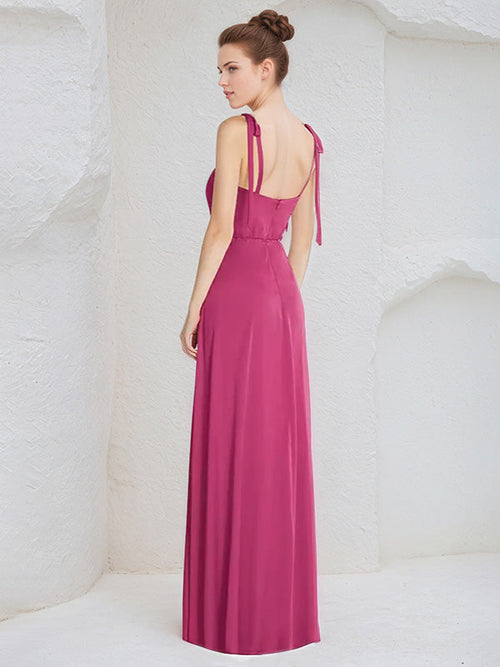 A Line Satin Spaghetti Straps Sleeveless Floor Length Bridesmaid Dress