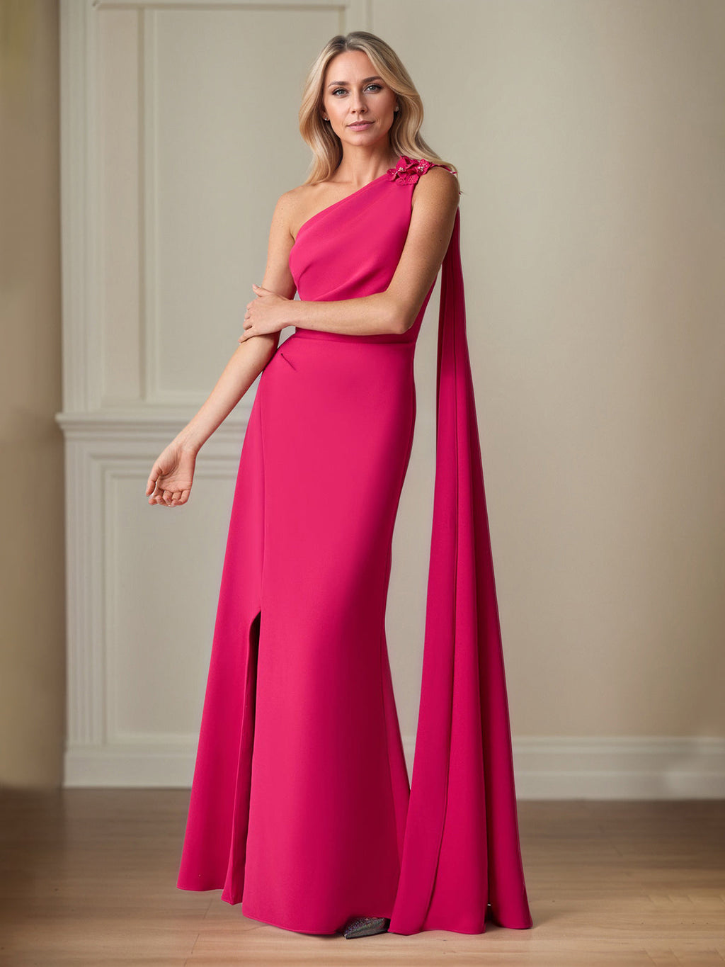 Robe de mère de la mariée en crêpe stretch couleur rouge à lèvres, coupe fourreau/colonne, une épaule, longueur au sol