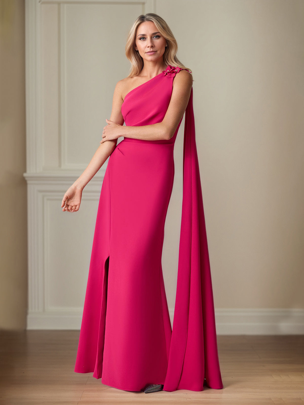 Lipstick Stretch Krepp Etui/Schmal Ein-Schulter Bodenlanges Mutter-der-Braut-Kleid