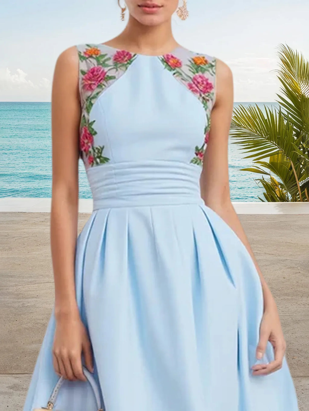 Robe midi bleu clair en dentelle froncée classique col rond sans manches ligne A