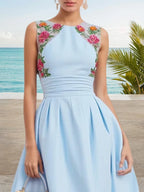 Robe midi bleu clair en dentelle froncée classique col rond sans manches ligne A