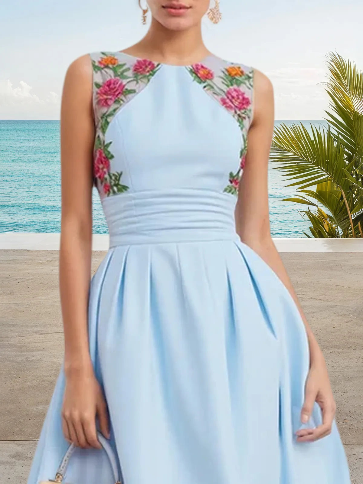 Robe midi bleu clair en dentelle froncée classique col rond sans manches ligne A