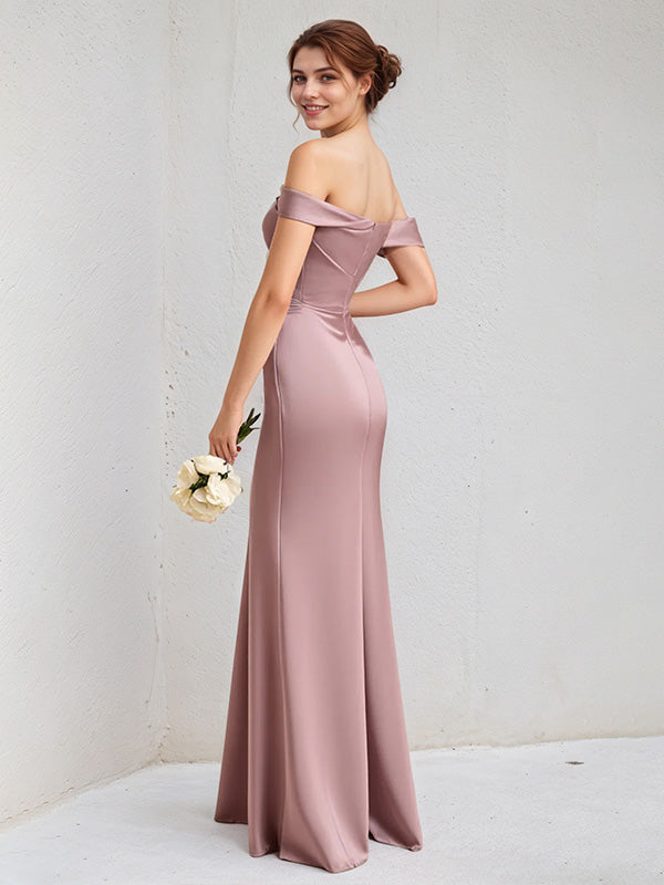 A Line Mauve Satin Off the Shoulder Sleeveless Floor Length Dress With Slit