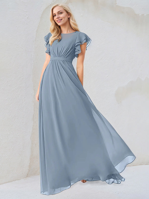 Dusty Blue A-Line Round Neck Floor-Length Chiffon Bridesmaid Dress With Ruffles