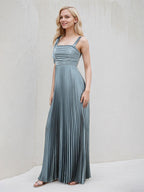 A Line Dusty Blue Satin Square Neck Sleeveless Floor Length Dress With Bow