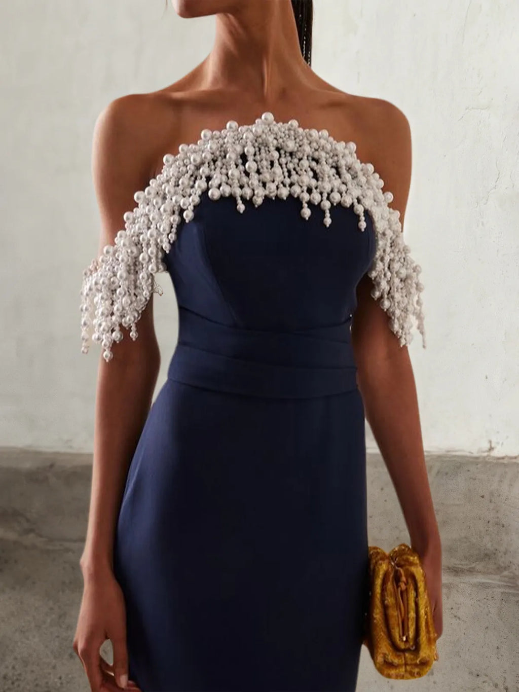 Dunkelblau Schulterfreies Meerjungfrau-Midikleid mit Imitationsperlen