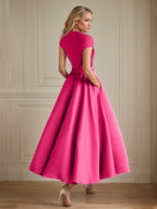 Robe de mère de la mariée rose vif en satin, ligne A, col en V, manches courtes, longueur cheville
