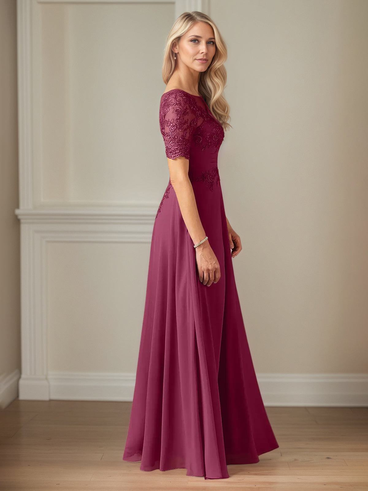 A Line Chiffon Scoop Neck Short Sleeves Floor Length Mother of the Bride Dresses With Appliques